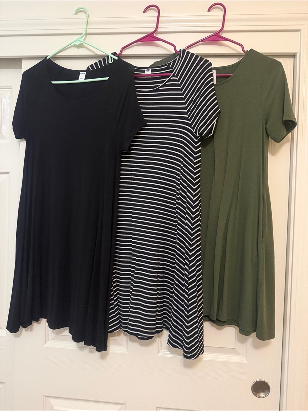 Old Navy Short Sleeve Swing Dresses - Black, Black/White Stripe, Olive